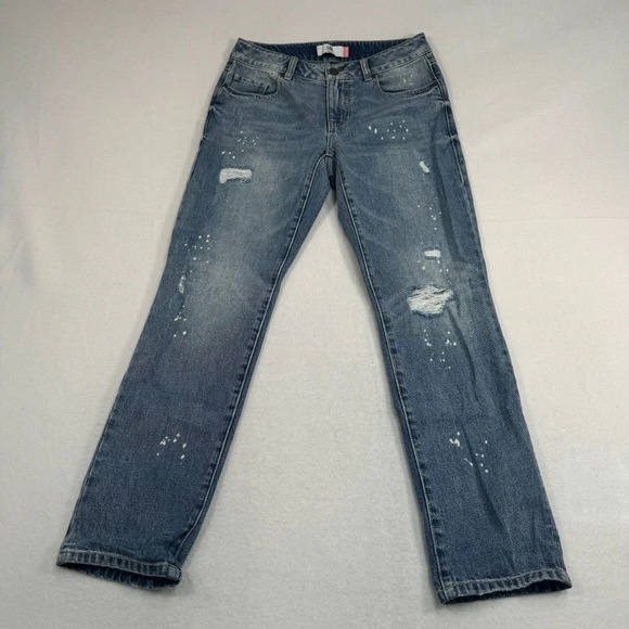 Cabi 100% Bf Straight Leg Jeans Womens Sz 2 Medium Blue Mid Rise Paint Splatter - Picture 2 of 13